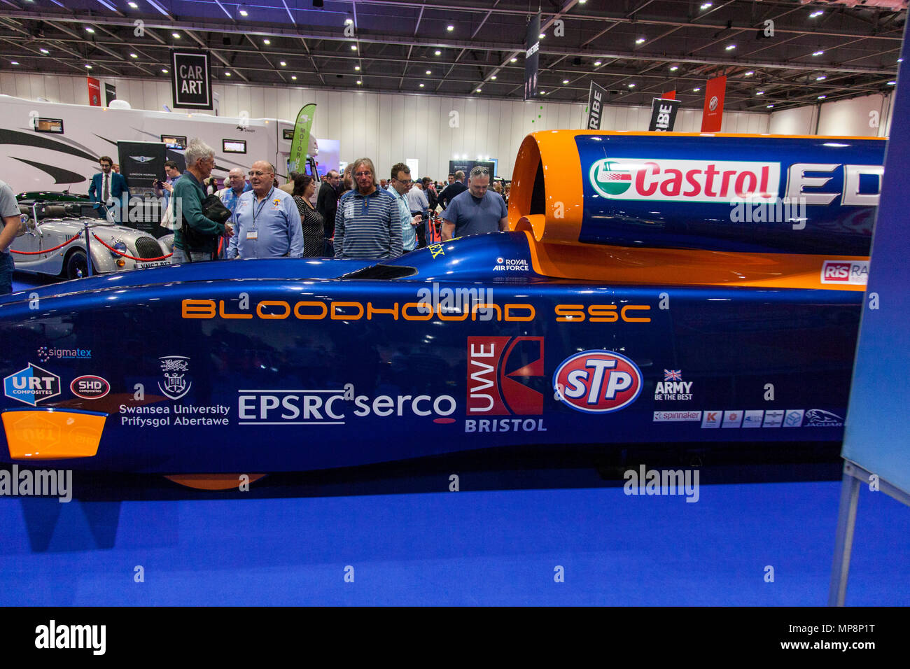 LONDON, UK, 18. Mai 2018: Die Bloodhound 1.000 mph Geschwindigkeitsrekord versuchen, Auto am confused.com London Motor Show im Excel Convention Stockfoto