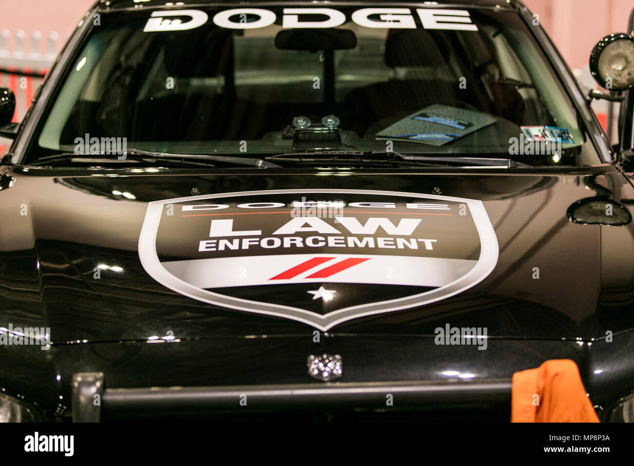 LONDON, UK, 18. MAI 2018: ein Dodge Polizei Auto am confused.com London Motor Show im Excel Convention Center. Die Show ist der größte britische Auto Stockfoto