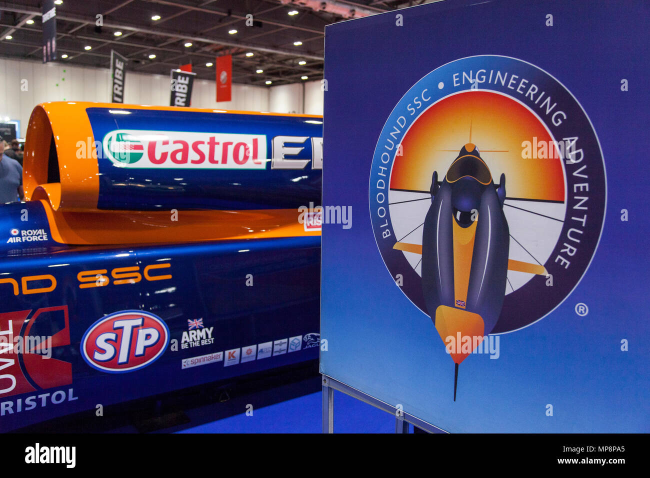 LONDON, UK, 18. Mai 2018: Die Bloodhound 1.000 mph Geschwindigkeitsrekord versuchen, Auto am confused.com London Motor Show im Excel Convention Stockfoto