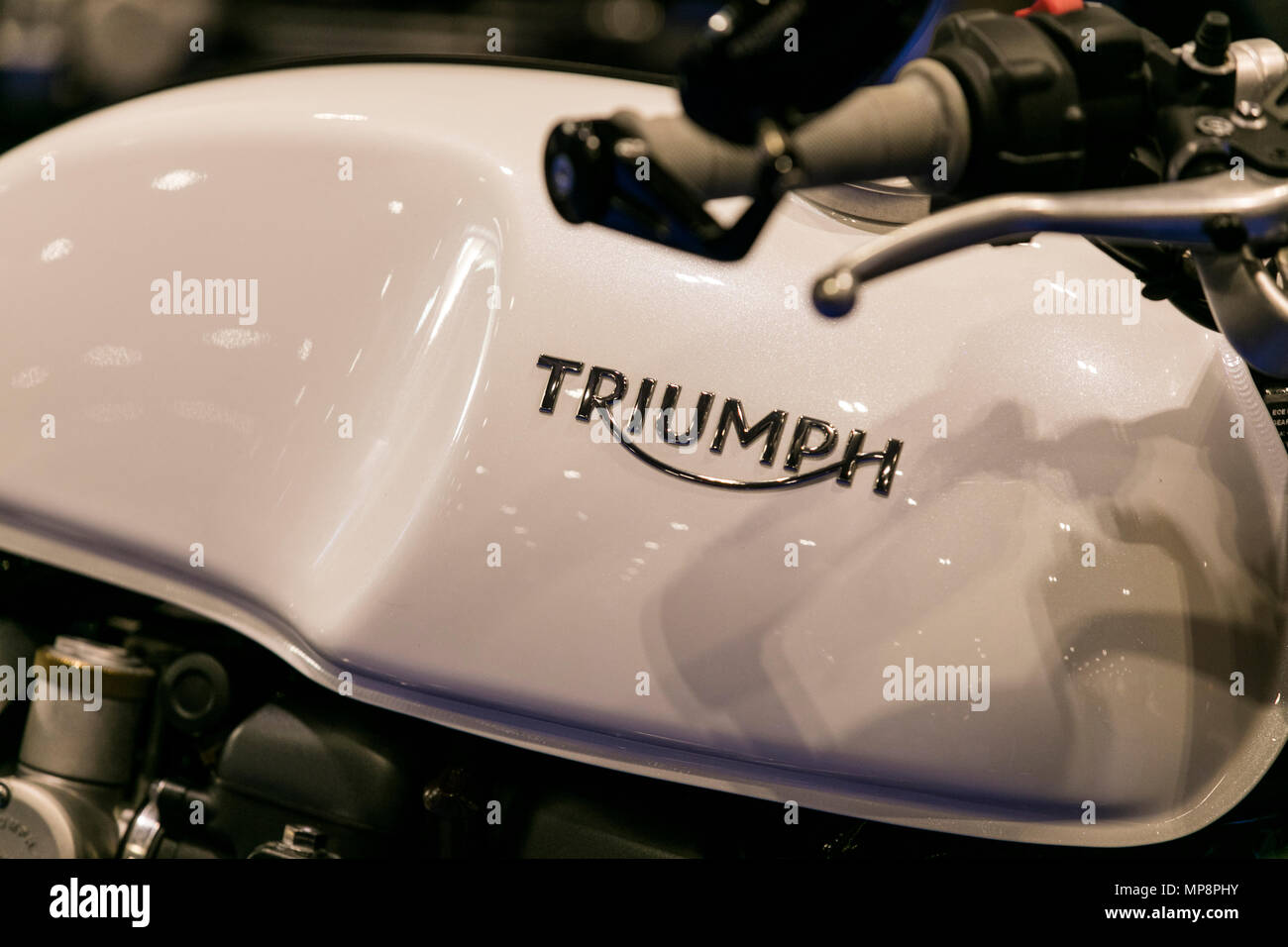 LONDON, UK, 18. MAI 2018: Triumph Bikes an der confused.com London Motor Show im Excel Convention Center. Die Show ist der größte britische Automotive Stockfoto