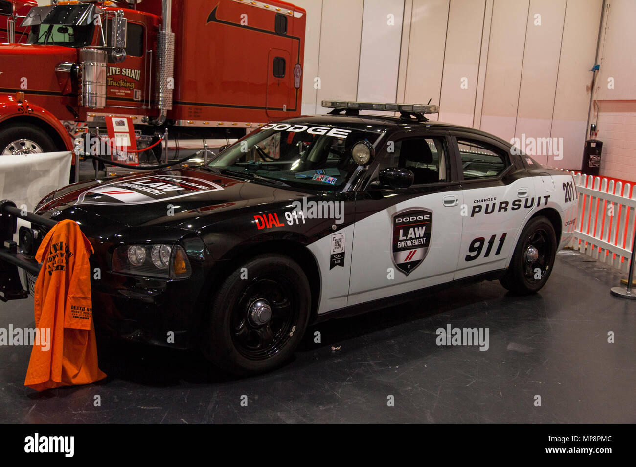 LONDON, UK, 18. MAI 2018: ein Dodge Polizei Auto am confused.com London Motor Show im Excel Convention Center. Die Show ist der größte britische Auto Stockfoto