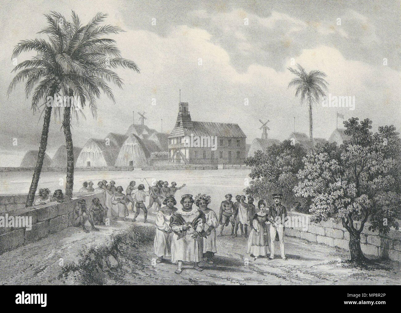 . Englisch: Vue d'une rue d'Honoloulou, Capitale des Iles Sandwich. La Reine Kinau revient du Temple Des Etrangers accompagnee de ses Dames d'Honneur. (21,5 x 29,8 cm). Ein wunderbares Bild von Hawaii von der französischen Künstlerin Masselot von der Reise der Venus während 1836-39, Lithographiert von Bichebois und von Thierry Brüder veröffentlicht. 1837. Louis-Jules Masselot (1815-1879) 765 Kinau Rückkehr von Kirche Stockfoto