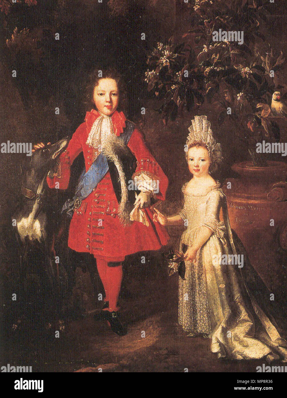 Englisch: Porträt des Prinzen James Francis Edward Stuart und Princess Louisa Maria Theresia Stuart Nederlands: geen rechten Meer wegens ouderdom nl: George II van; Groot-Brittannië en zijn zus 1695. 765 Kinderen portret Stockfoto