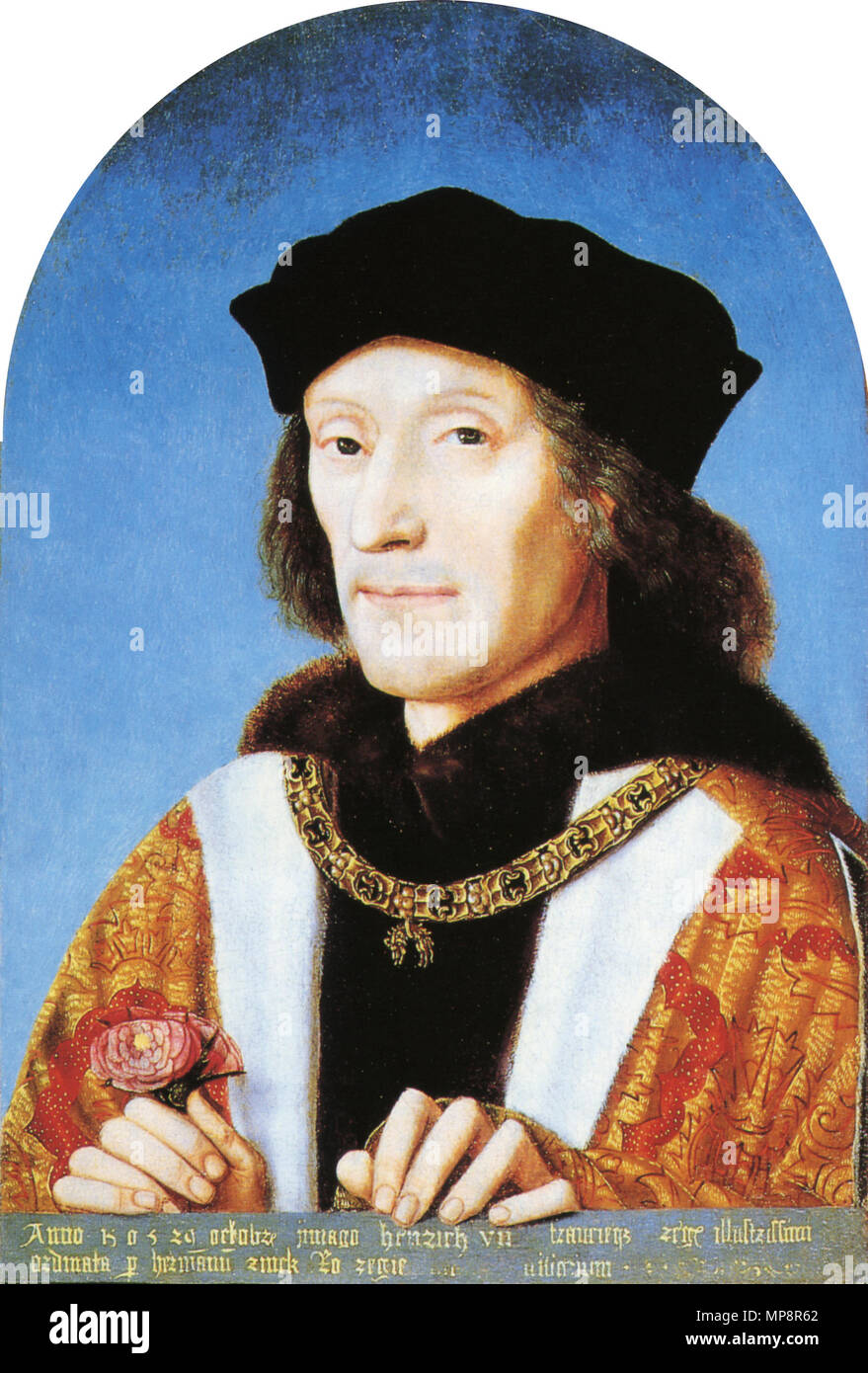 Portrait von Heinrich VII. von England (1457-1509). gewölbte top Text von npg Katalog: "Dieses beeindruckende Porträt ist der früheste Gemälde in der Sammlung der National Portrait Gallery. Die Inschrift Aufzeichnungen, die das Portrait am 29. Oktober 1505 wurde im Auftrag von Herman Rinck, ein Agent für die Heiligen Römischen Kaiser Maximilian I. Das Porträt wahrscheinlich als Teil eines abgelehnten Heiratsantrag gemalt wurde gemalt, als Henry gehofft Maximillian's Tochter Margarete von Savoyen, als seine zweite Frau heiraten. 1505. 765 König Heinrich VII. Stockfoto