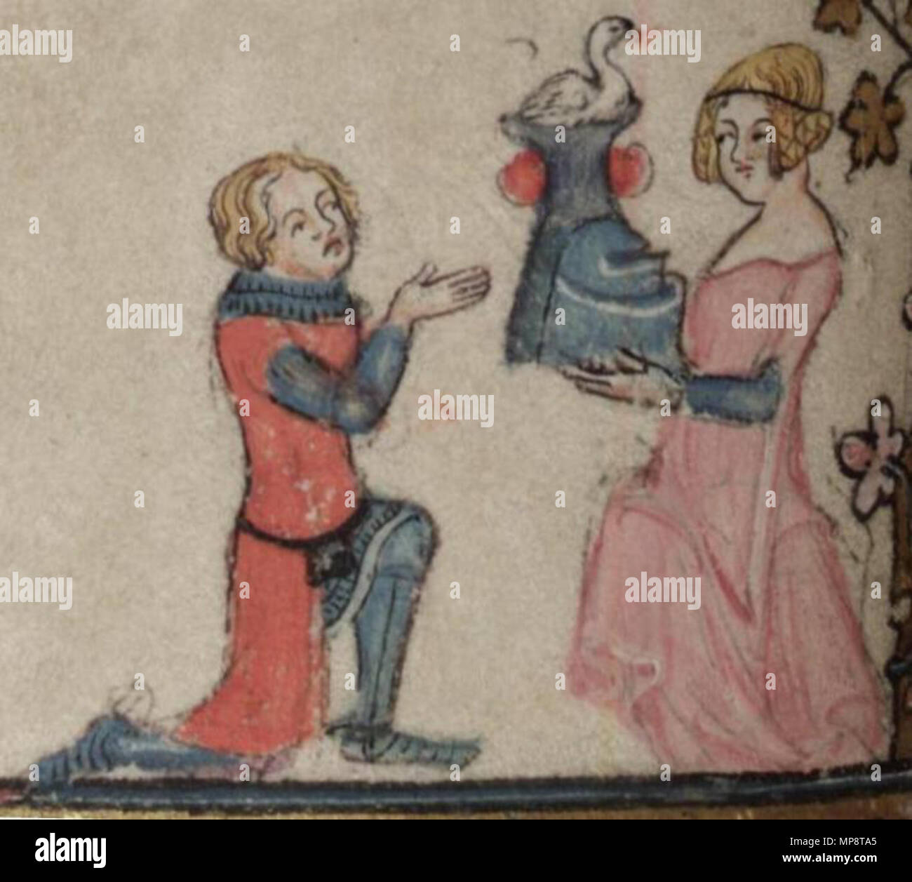 . Englisch: Ein kniender Ritter (links) und trug eine rote ärmellose surcoat über seine Rüstung, erhielt ein Schwan-Crested Helm von einem stehenden Dame (rechts) in ein rosa Kleid. Detail einer Miniatur aus ein Manuskript der Romantik von Alexander. Français: Un chevalier agenouillé (à Gauche), wichtige Par-dessus Sohn armure un surcot Rouge sans manches, heaume reçoit un Cime d'un Cygne d'une Dame debout, vêtue d'une robe Rose. Détail d'une enluminure tirée d'un manuscrit du Roman d'Alexandre. zwischen 1338 und 1344. Jehan de Grise (Flämische Erleuchter des 14. c.) und seiner Werkstatt 771 Kniender Ritter erhielt einen s Stockfoto