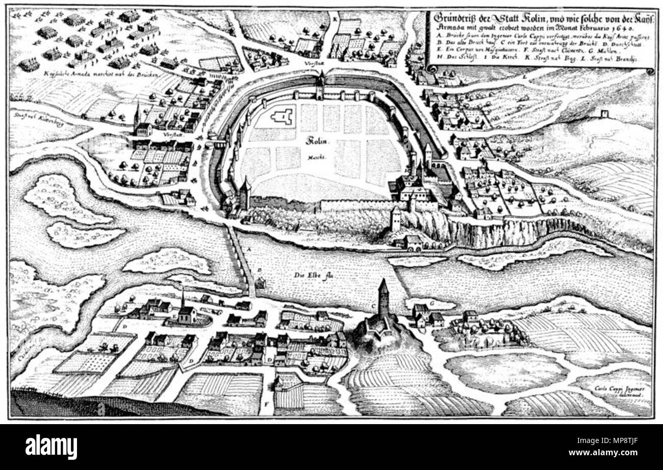 . Englisch: Historische Karte der Stadt Kolín (CZ) von 1640 von Carlo Cappi. Čeština: Historická mapa města Kolína z února 1640, zhotovená inženýrem Carlem Cappim v období třicetileté války. Zobrazuje především městské opevnění. Februar 1640. Carlo Carlo Cappi Cappi 772 Kolin 1640 Stockfoto