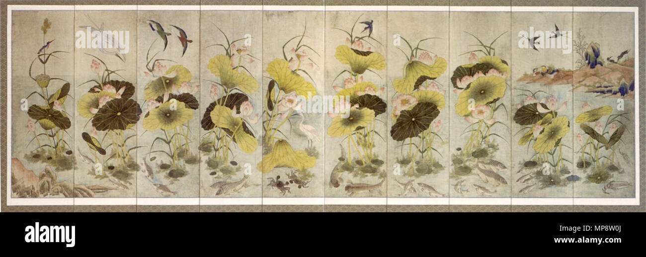 774 koreanische Folding Screen, Tinte und Farbe Bilder von Lotus, Fische und Vögel, 19. Jahrhundert, Chosôn Dynastie, Honolulu Akademie der Künste Stockfoto