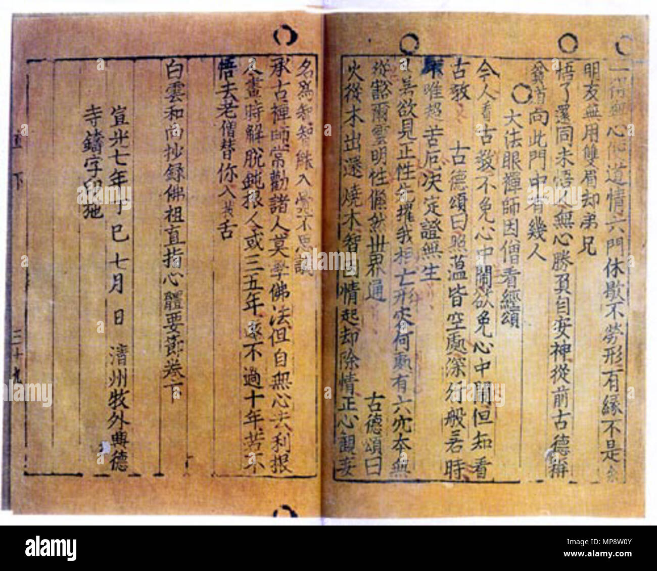 . Englisch: Jikji oder die Lehren der buddhistischen Weisen und Seon Masters', 1377 veröffentlicht, Korea während der goryeo Dynastie gewählt. Es ist die früheste bekannte Buch mit beweglichen Metall-lettern gedruckt. 한국어: 백운화상초록불조직지심체요절 (白雲和尙抄錄佛祖直指心體要節, 간단히 불조직지심체요절, 직지심체요절, 직지) 은 백운화상 경한이 선 (禪) 의 요체를 깨닫는 데에 필요한 내용을 뽑아 1372 년에 펴낸 불교 서적으로, 상 · 하권으로 이루어져 있다. 원나라에서 받아온 불조직지심체요절의 내용을 대폭 늘려 상 · 하 2 권으로 엮은 것이다. 전 세계에 남아 있는 금속 활자로 인쇄된 책 중에서 가장 오래된 것으로, 2001 년9월 4일 《 승정원일기》 와 함께 유네스코 세계기록유산에 등재되었다. 현존하는 것은 하권 1 책 뿐인데, 1900년대 말 콜랭 드 프랑시 주한 프랑스 공사가 프랑스로 가지고 갔으며 현재 프랑스 국립도서관에 소장되어 있다. 독일 이는 구텐베르크의 활자보다 78 년 이상 앞서 편찬되었다. 1377. Englisch: Authore Stockfoto
