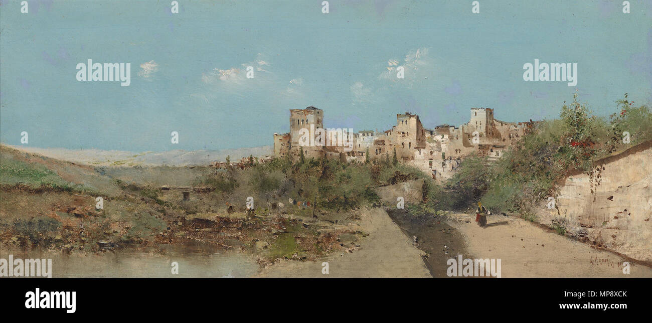 . Blick auf Granada, Signiert, bezeichnet L. Ayon Madrid, Öl auf Leinwand, 22 x 50,5 cm. Wende des 19. und 20. Jahrhunderts. "L. Ayon "780L Ayon Blick in Granada Stockfoto