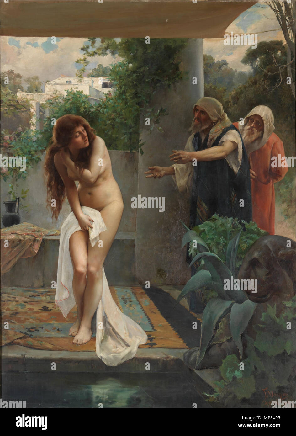 La Casta Susana. Español: La Obra Vertreter a la casta Susana, un personaje del Antiguo Testamento, siendo espiada mientras se bañaba por dos ancianos que pretendían Acostar con ella, según se relata en el Libro de Daniel. . 1885. 782 La Casta Susana, de Francisco Maura y Montaner (Museo del Prado) Stockfoto