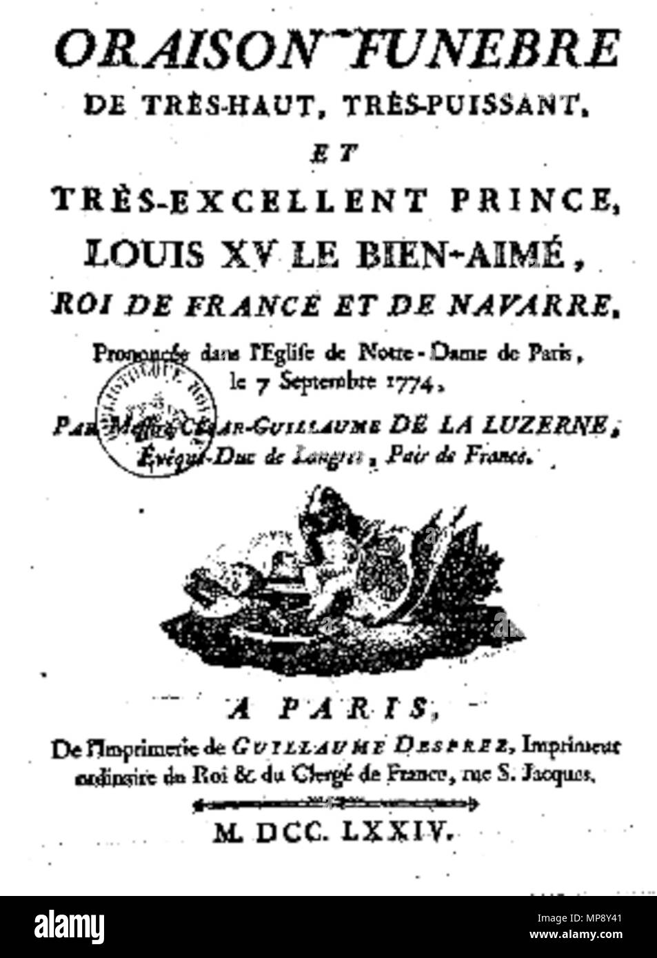 784 La Luzerne - Oraison Trauer de Louis XV (Paris, 1774) Stockfoto