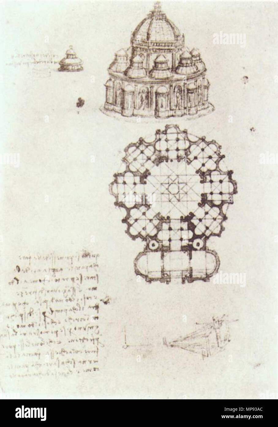 Englisch: Studie über eine zentrale Kirche ca. 1488. 804 Leonardo da Vinci, Studie von einem zentralen Kirche Stockfoto