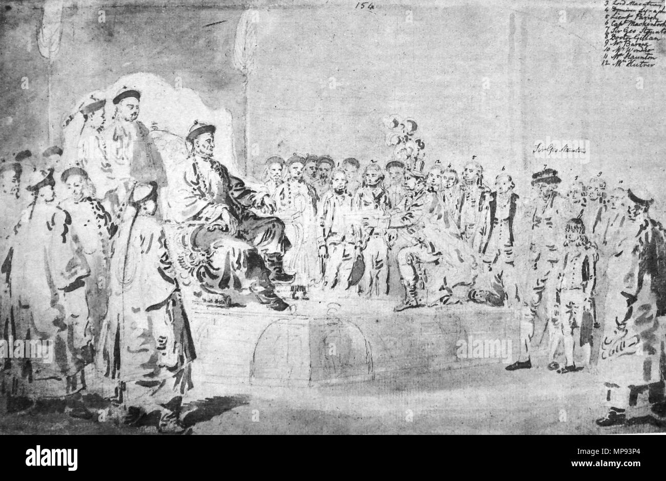 . Herr Macartney Botschaft in China 1793. Macartney's erste Begegnung mit Qianlong. Der Junge auf der rechten Seite ist die 11-jährige George Staunton, die der Kaiser mit seinem das gesprochene Chinesisch beeindruckt. 1793. William Alexander. 818 LordMacartneyEmbassyToChina 1793 Stockfoto