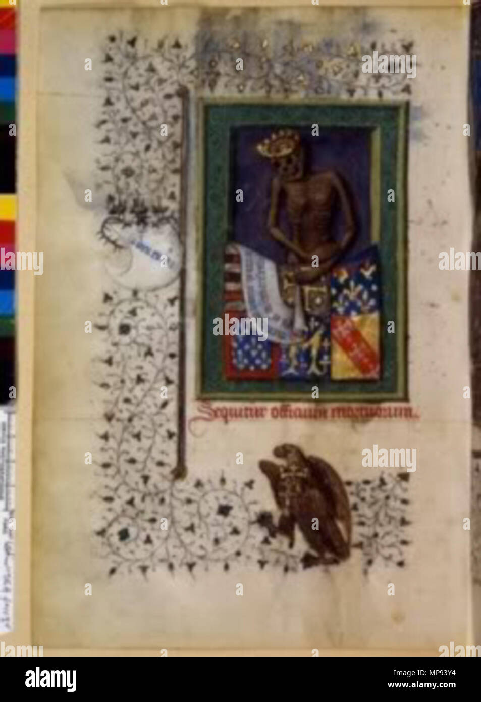 . La Mort couronné emblème du Roi René insérés dans le Livre d'heures hérité de Son père Louis II. d'Anjou, Vers 1435. 15. Jahrhundert. Maître de Rohan. 806 Les Heures de Paris de René d'Anjou, 04. Stockfoto