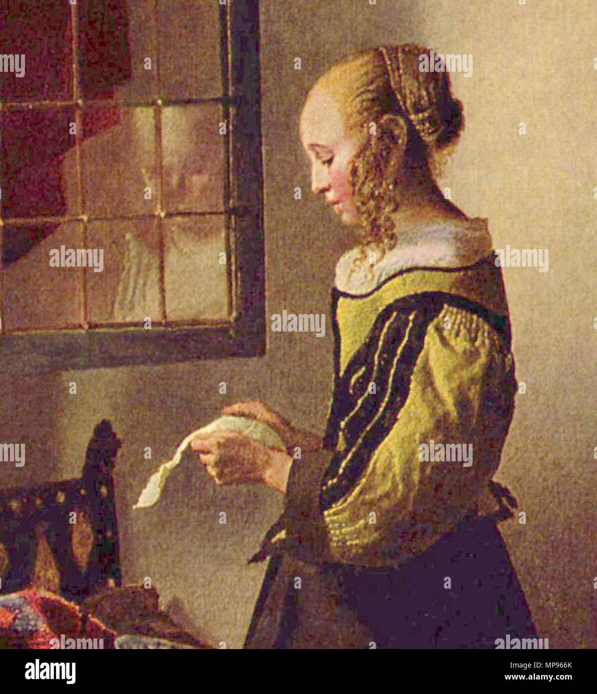 English: Brieflesendes Mädchen am offenen Fenster, Detail Englisch: Mädchen  lesen einen Brief an ein offenes Fenster,