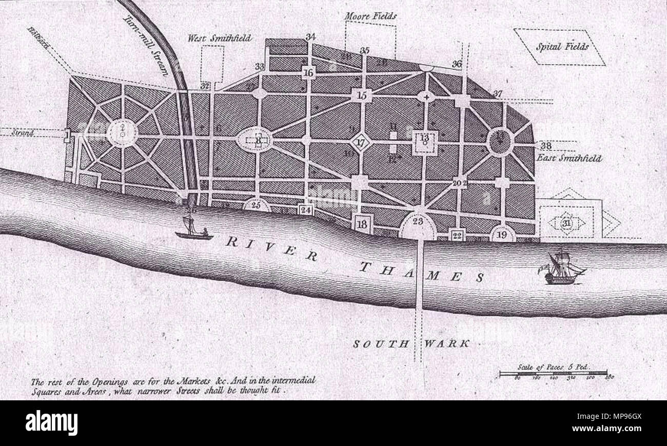 . Plan für den Wiederaufbau von London nach dem großen Brand von Sir John Evelyn. 1666. John Evelyn 817 London - John Evelyn Stockfoto