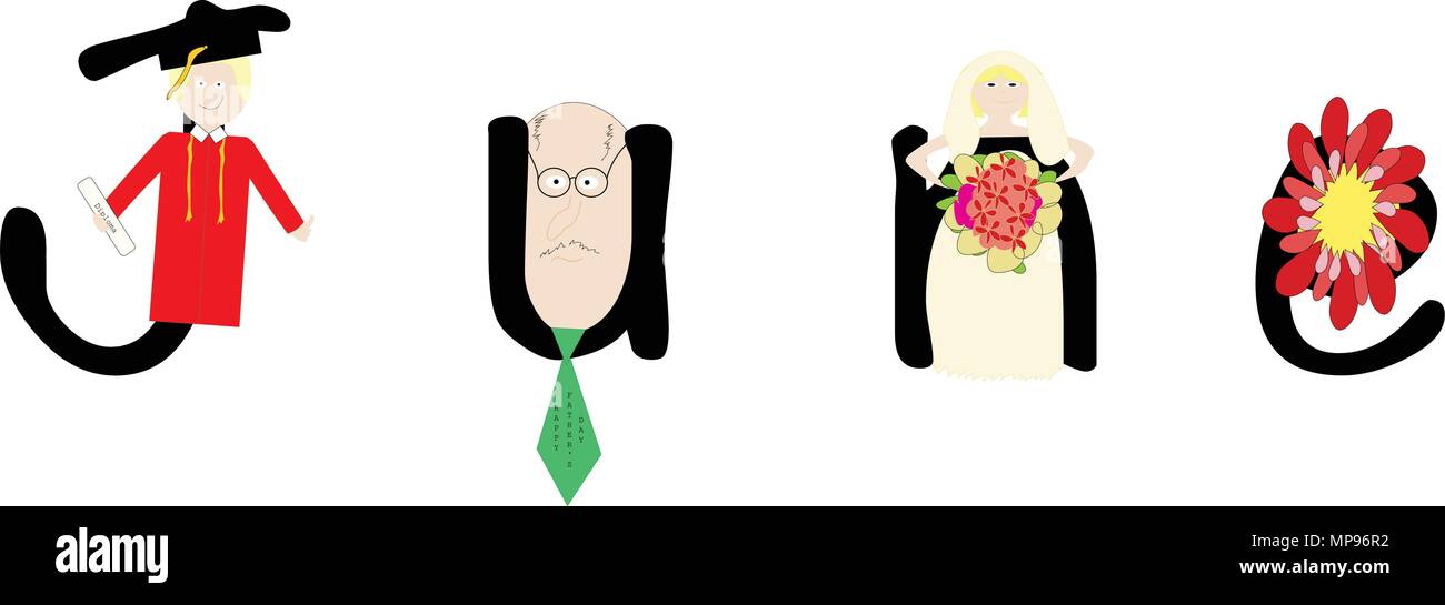 Juni illustriert mit monatlichen Symbole Absolvent, Vati, Braut und Blumen. Stock Vektor
