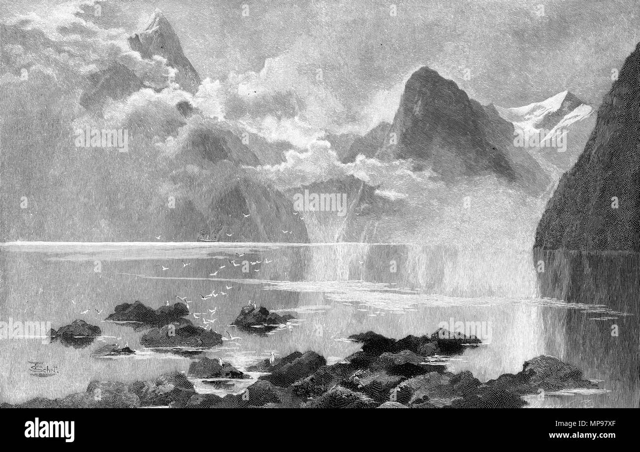 Gravur der Milford Sound, Fjordland, Neuseeland. Von der malerischen Atlas von Australasien Vol. 3, 1886 Stockfoto