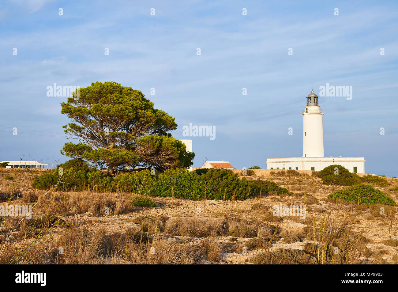 Malerischer Blick auf La Mola Leuchtturm und Umgebung in der Nähe von El Pilar de la Mola Stadt in Formentera (Balearen, Spanien) Stockfoto