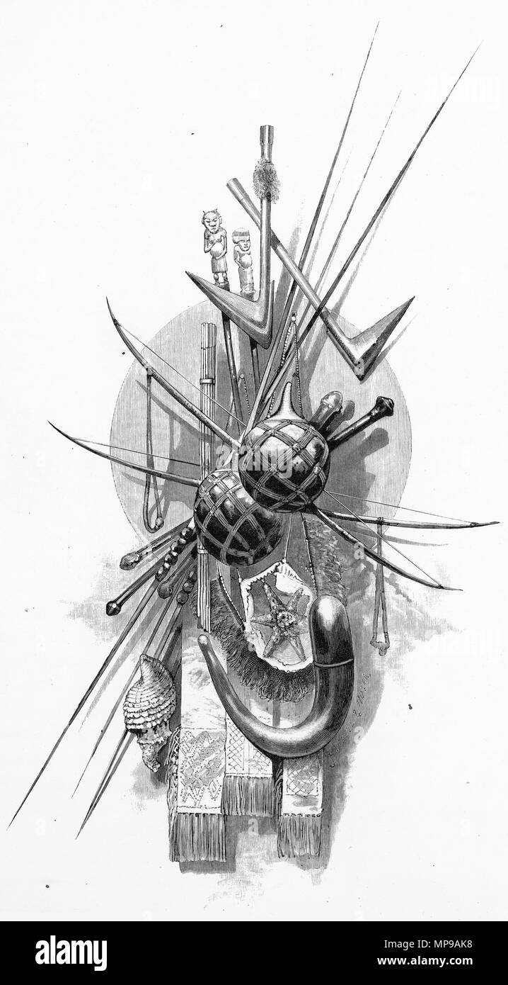 Gravur von typischen Waffen von Kanaka Stammesangehörige in Neukaledonien eingesetzt. Von der malerischen Atlas von Australasien Vol. 3, 1886 Stockfoto