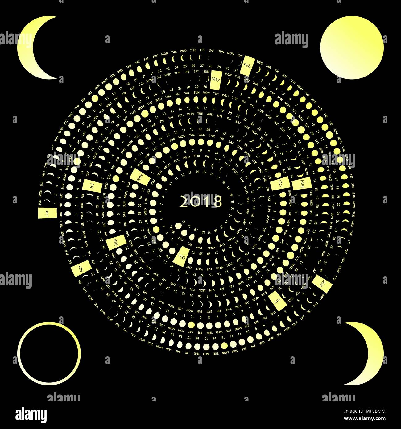 Mondphasen Kalender auf einem dunklen Hintergrund. Mond Kalender 2018  Stock-Vektorgrafik - Alamy