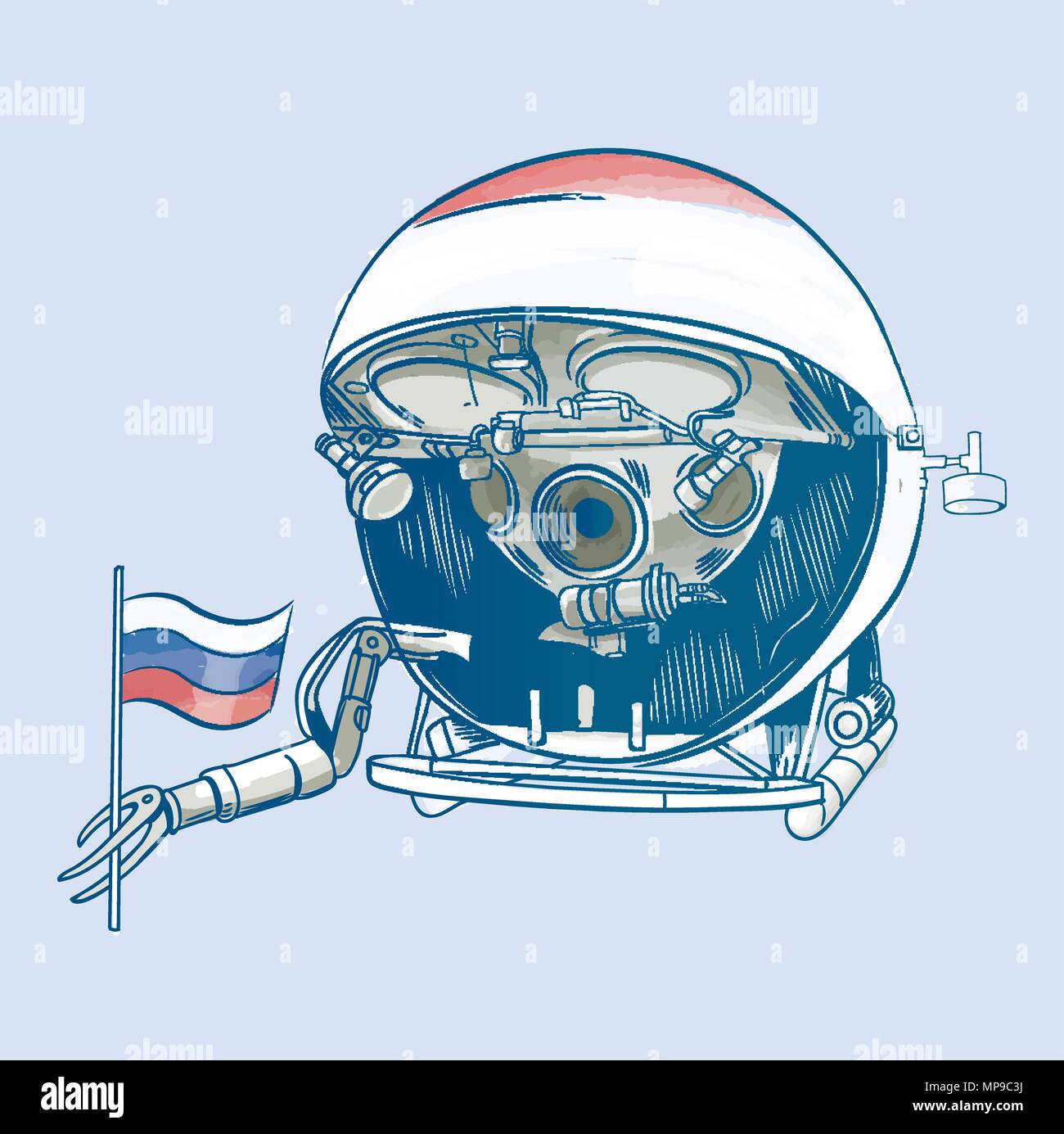 Vektor Wasser Farbe Abbildung eines Bathyscaph in der Arktis setzt die Russische Fahne Stock Vektor