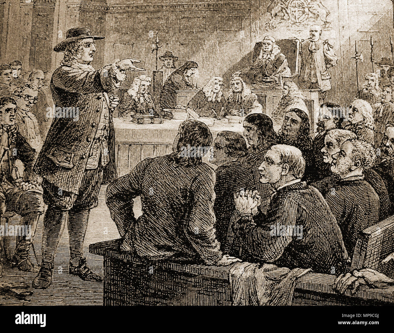 Recht und Ordnung in Großbritannien - Eine frühe Zeichnung des Versuches der Quäker William Penn für Aufruhr (Gründer von Pennsylvania * Philadelphia, USA und Antragsteller einer Europäischen Union der Länder) Stockfoto