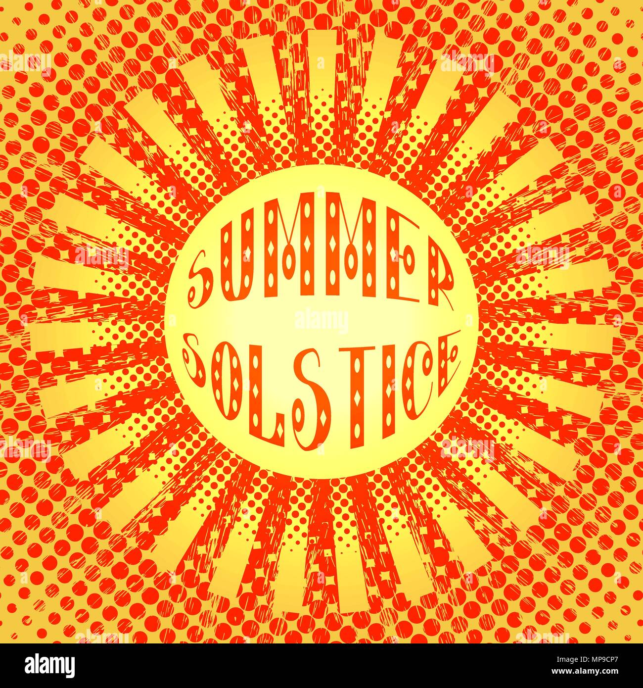 Konzept Sommersonnenwende. Pop Art Stil. Stilisierte Sonne und Strahlen. Rot und Gelb. Schriftzug. 21. Juni Stock Vektor