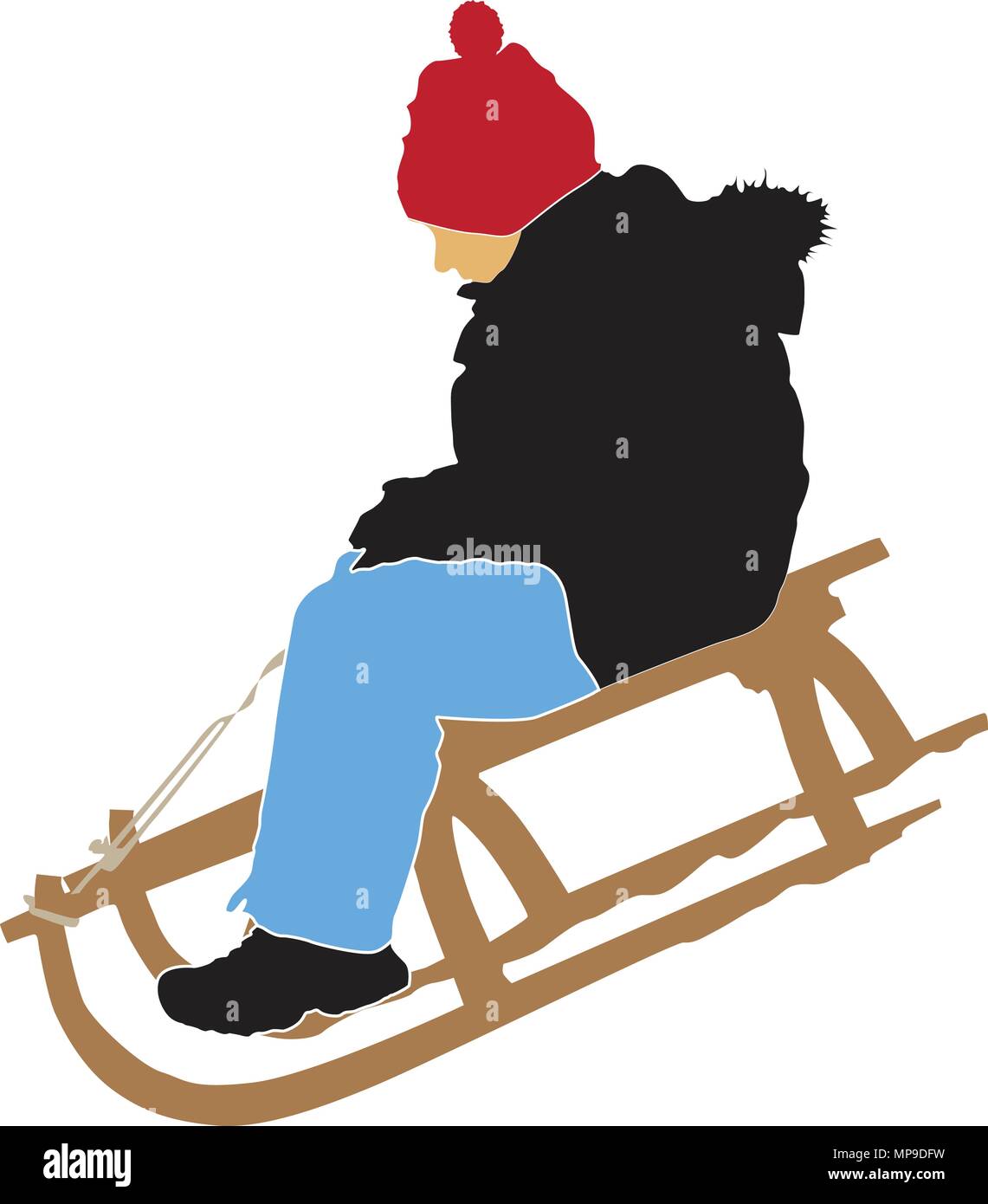 Junge Schlitteln auf dem Schnee Farbe Vector Illustration Stock Vektor