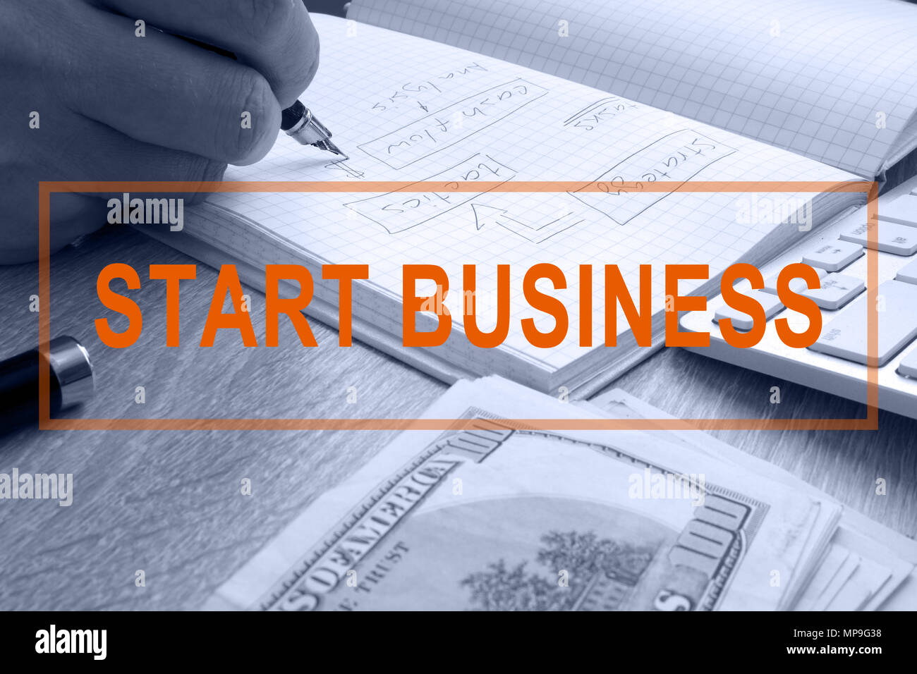 Start business. Mann schrieb in einer Notiz. Stockfoto