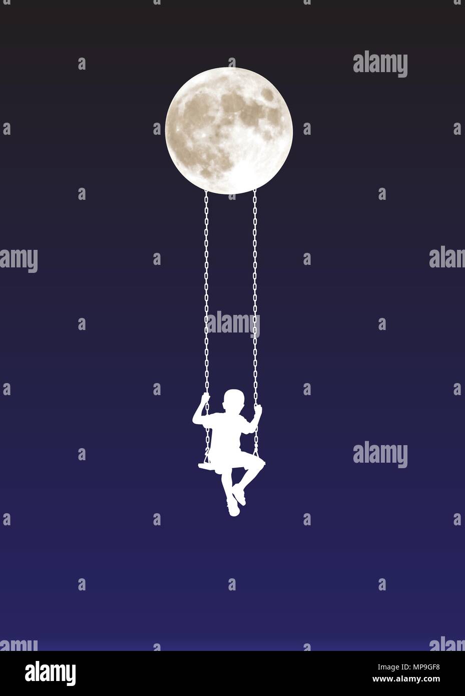 Junge auf der Schaukel im Moonlight Vector Illustration Stock Vektor