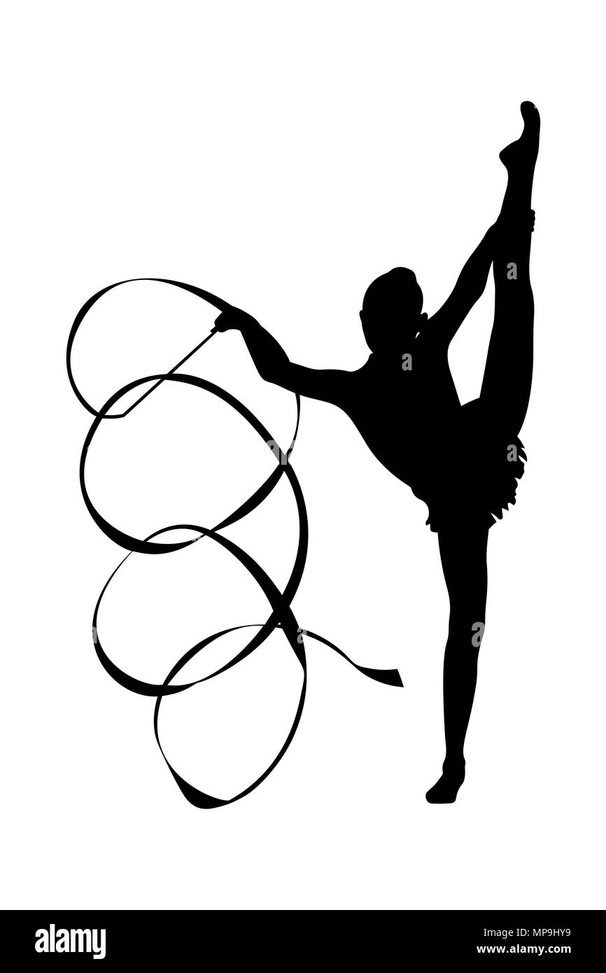 Mädchen gymnast Übung mit Band in vertikale Teilung schwarze Silhouette Stockfoto