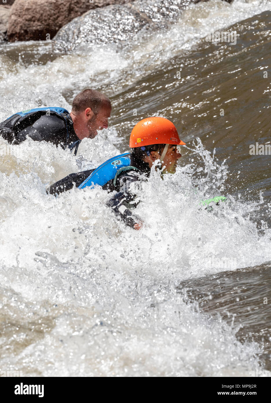 Erwachsene & Kinder paddleboarding; Arkansas River; Salida, Colorado, USA Stockfoto