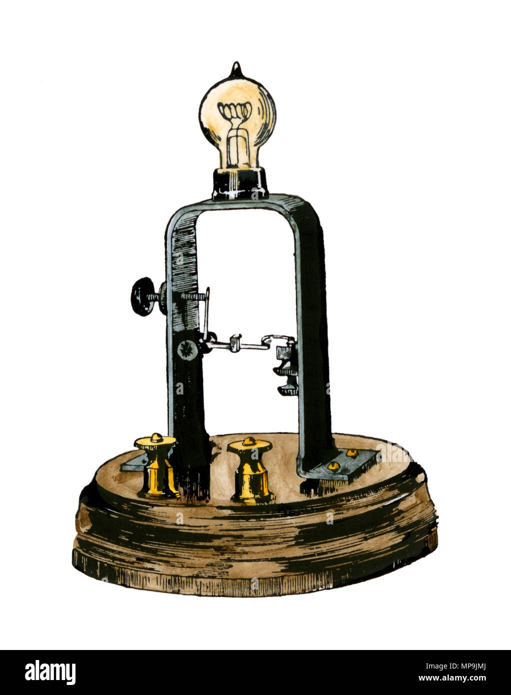 Edisons erste elektrische Lampe. Hand - farbige Holzschnitt Stockfoto