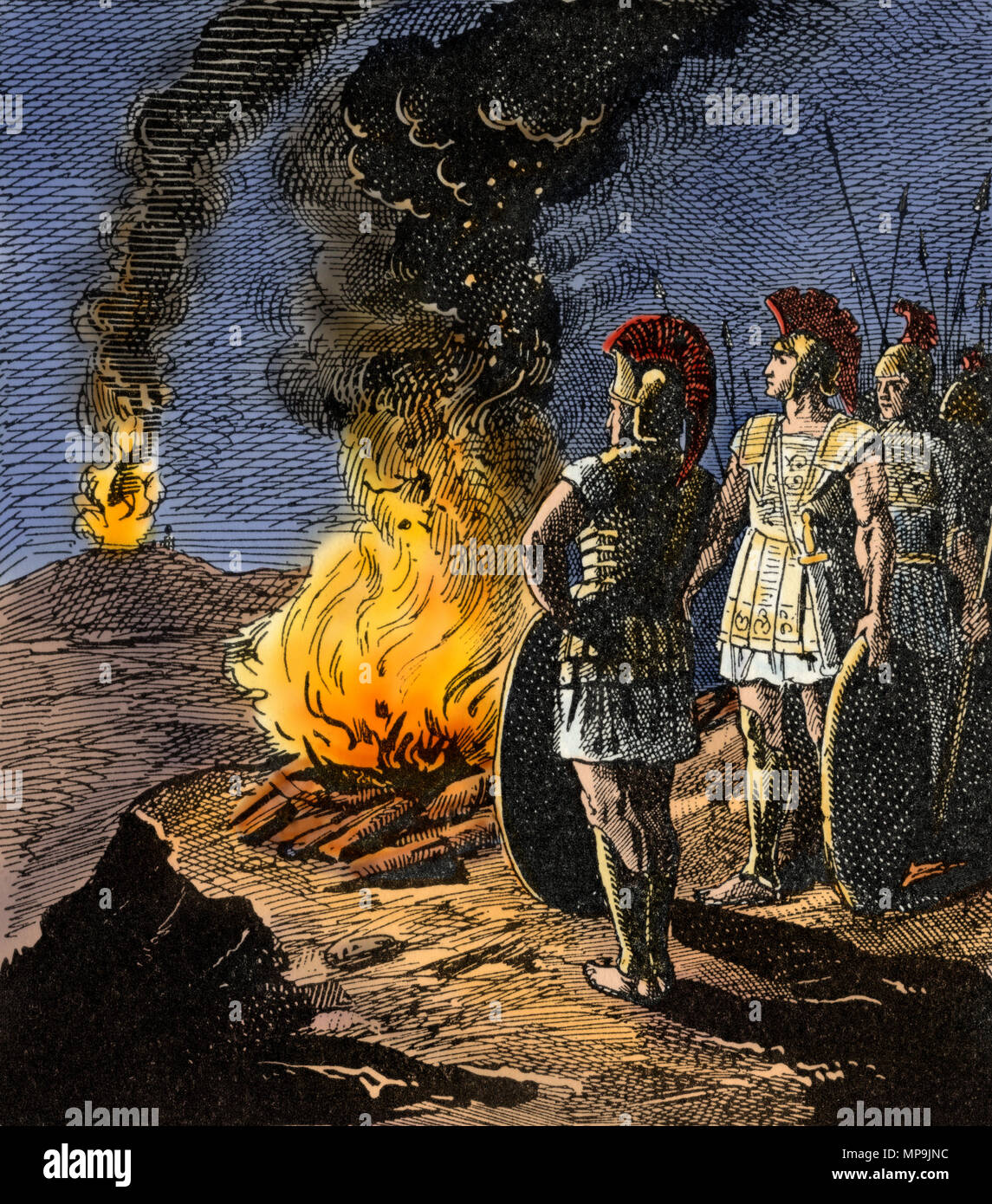 Antike griechische militärische Kommunikation per Beacon Brände. Digital farbige Holzschnitt Stockfoto