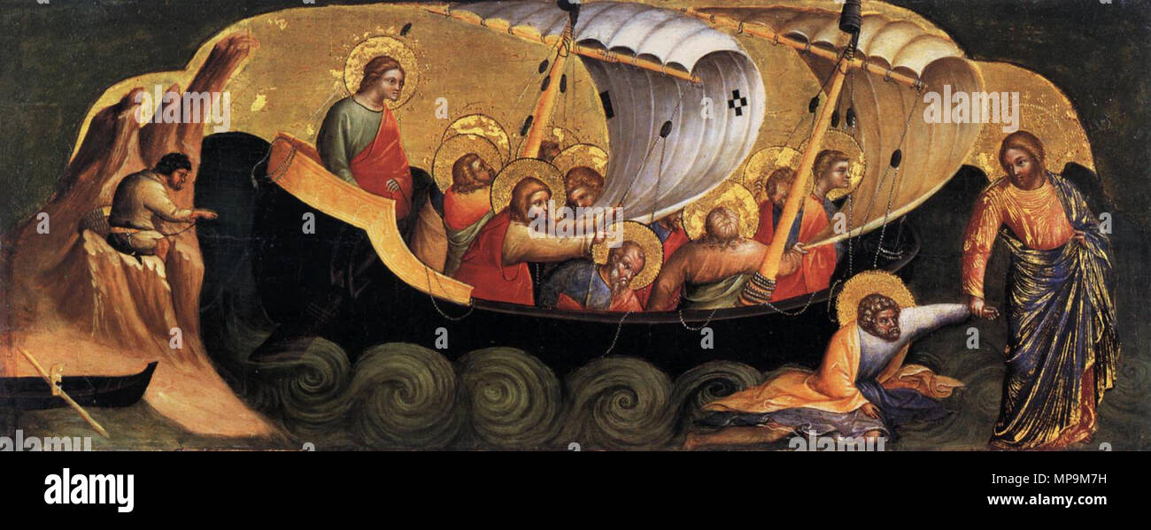 Englisch: Christus Rettung Peter vom Ertrinken circa 1370. 820 Lorenzo Veneziano, salvataggio di San Pietro dalle Acque Stockfoto