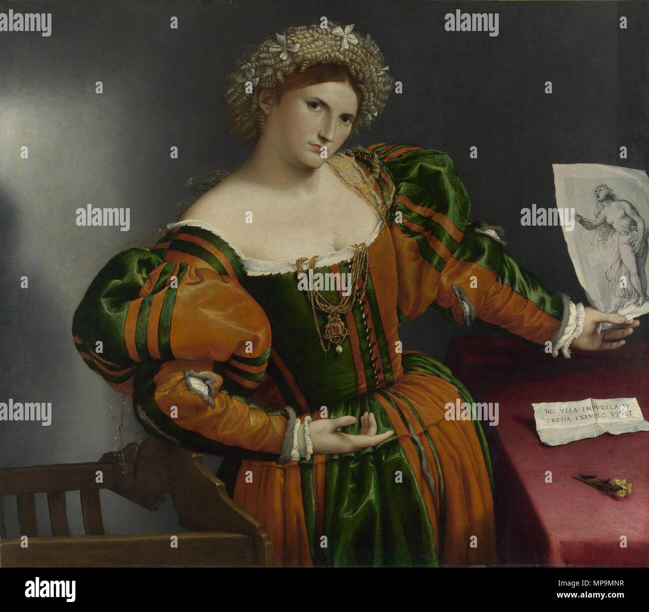 Porträt einer Frau inspiriert von Lucretia 1533. 822 Lorenzo Lotto - Porträt einer Frau von Lucretia - Google Kunst Projekt inspiriert Stockfoto