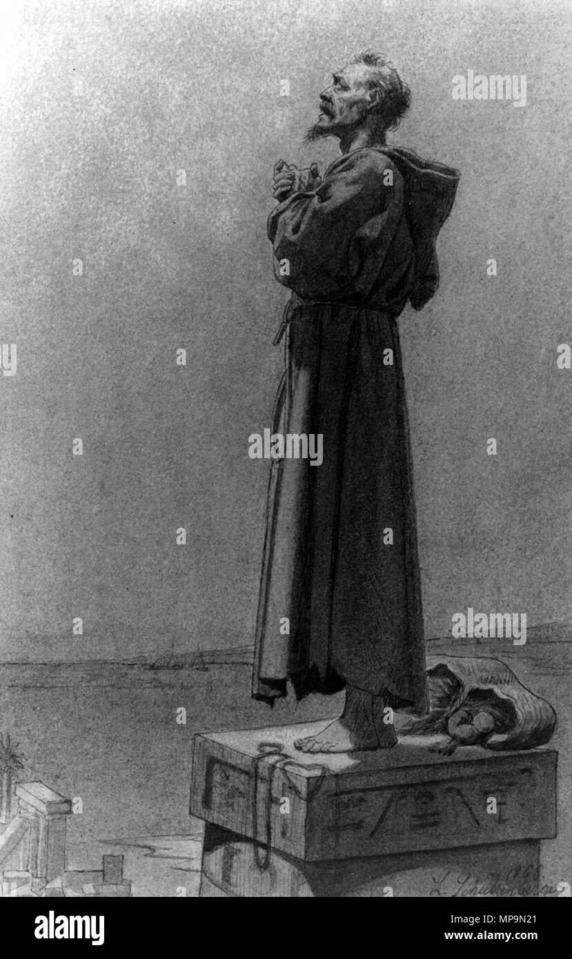 Louis Frédéric Schützenburger (Französisch, 1825-1903). T'S. Simeon Stylites in Ägypten", 1868 Aquarell mit Feder und Tinte, Tinte waschen und Graphit underdrawing auf gelb-braun, dick, mäßig strukturierten webte Papier. Walters Art Museum (37.1334): Erworben durch William T. Walters. 37.1334 823 Louis Frédéric Schützenberger-St Simeon Stylites in Ägypten - Walters 371334 Stockfoto