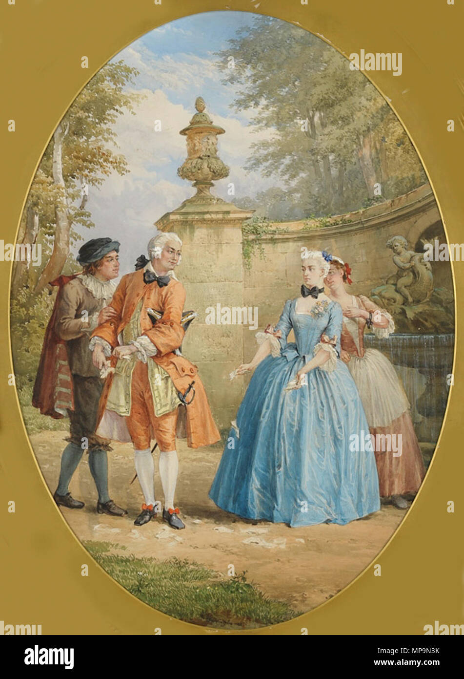 . English : Der erste Disput. Signiert. Datiert 1876. Aquarell. 108 x 80 cm Englisch: erste Liebhaber 'Tiff - Malerei 1876 des 18. Jahrhunderts Szene. Sowohl der Mann und die Frau bis alte Briefe oder Love Notes reißen, wie sie sich gegenüberstehen, während jede von einem Diener unterstützt wird. Der Mann hat seinen tricorner Hut unter dem Arm. . 1876. 823 Louis Haghe Der erste Disput Stockfoto
