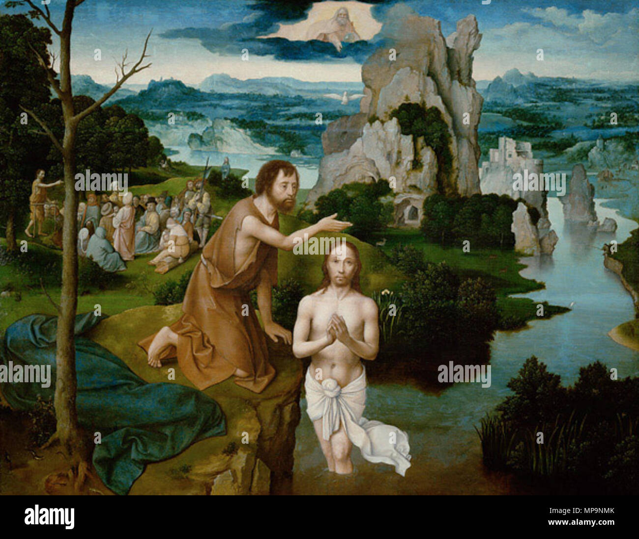 Die Taufe Christi English: (Links im Mittelgrund: Predigt Johannes d. Täufers) ca. 1515. 720 Joachim Patinir 006 b Stockfoto