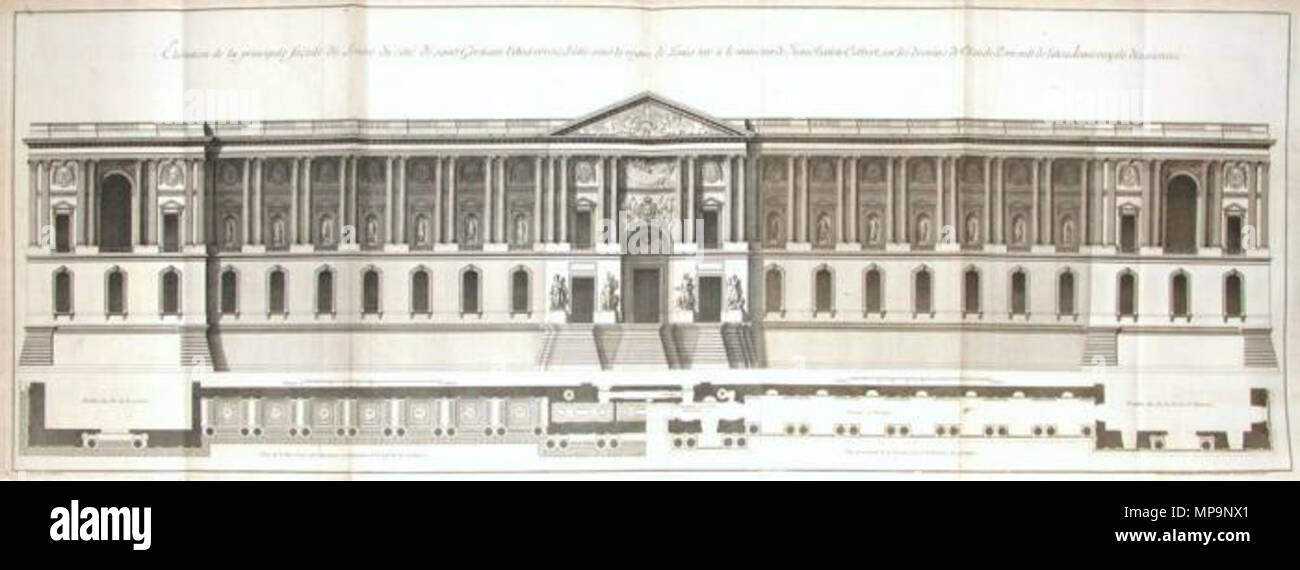 . Englisch: Gravur von Jean Mariette's L'Architecture Francoise (Paris, 1738): Höhe der Fassade des Louvre an der Ostseite (gegenüber der Kirche von Saint-Germain-l'Auxerrois), während der Regierungszeit von Ludwig XIV. und der Minister Jean-Baptiste Colbert gebaut, nach den Entwürfen des Architekten Claude Perrault Français: "Elevation de la principale Fassade du Louvre du Cote de Saint Germain l'Auxerrois, batie Sous le regne de Louis XIV & le Ministere de Jean Batist Colbert, sur les desseins de Claude Perrault del'Academie Royale des Sciences. ". Ca. 1665 - 1680 (Ori Stockfoto