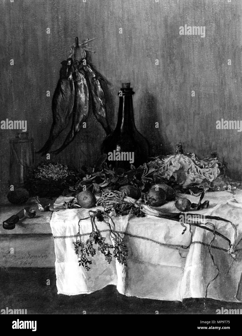 Léon Bonvin (Französisch, 1834-1866). "Noch Leben: Gemüse, Fisch, und Radieschen", 1864 Aquarell mit Gummi Zuspitzung, eisengallustinte der Tinte und der Feder, über Graphit underdrawing auf leicht strukturierte, mäßig dick, beige webte Papier. Walters Art Museum (37.1526): Erworben durch William T. oder Henry Walters. 37.1526 836 Léon Bonvin - Stillleben - Gemüse, Fisch, und Radieschen - Walters 371526 Stockfoto