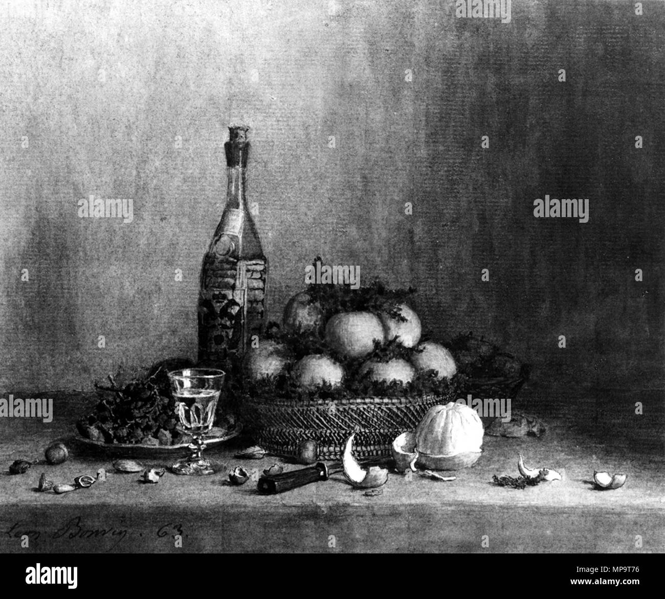 Léon Bonvin (Französisch, 1834-1866). "Noch Leben mit Korb mit Orangen", 1863 Aquarell mit Gummi Zuspitzung, eisengallustinte der Tinte und der Feder, über Graphit underdrawing auf leicht strukturierte, mäßig dick, cremefarbenen Papier gelegt. Walters Art Museum (37.1524): Erworben durch William T. oder Henry Walters. 37.1524 836 Léon Bonvin - Stillleben mit Korb mit Orangen - Walters 371524 Stockfoto
