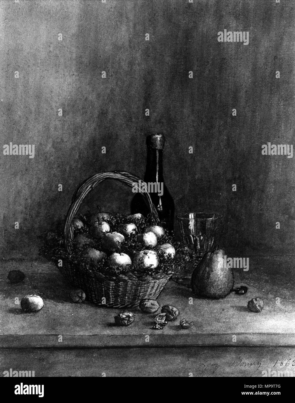 Léon Bonvin (Französisch, 1834-1866). "Noch Leben mit Wein und Obst", 1863 Aquarell mit Gummi Zuspitzung, eisengallustinte der Tinte und der Feder, über Graphit underdrawing auf leicht strukturierte, mäßig dick, Creme webte Papier. Walters Art Museum (37.1651): Erworben durch William T. Walters. 37.1651 836 Léon Bonvin - Stilleben mit Wein und Obst - Walters 371651 Stockfoto