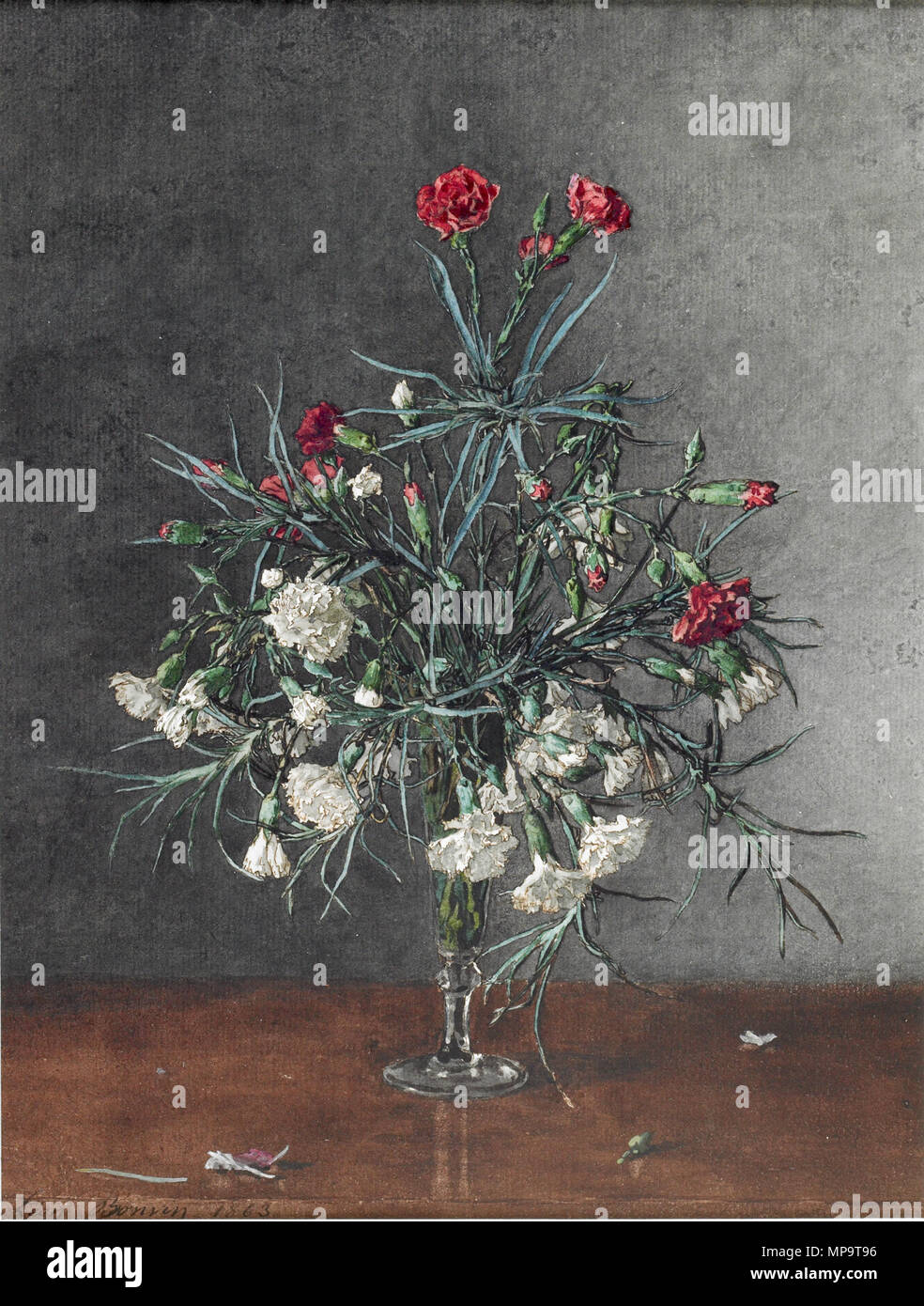 Léon Bonvin (Französisch, 1834-1866). 'Vase mit roten und weißen Nelken", 1863 Aquarell und Gummi Zuspitzung, weiß gehöht, eisengallustinte der Tinte und der Feder, über Graphit underdrawing auf leicht strukturierte, mäßig dick, creme Bütten. Walters Art Museum (37.1503): Im Auftrag von William T. Walters, 1863 (?). 37.1503 836 Léon Bonvin - Vase mit roten und weißen Nelken - Walters 371503 (2) Stockfoto