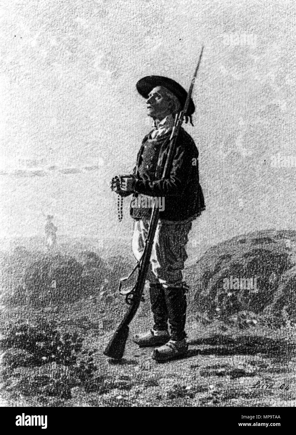 Léon Henri Antoine Loire (Frankreich, 1821-1898). Die im Gebet oldier Stehende", 1864. Schwarze Kreide auf Sahne, mäßig dick, mäßig strukturierten webte Papier. Walters Art Museum (37.1287): Erworben durch William T. Walters, 1870 (?). 37.1287 836 Léon Henri Antoine Loire-Soldat im Gebet stehen - Walters 371287 Stockfoto