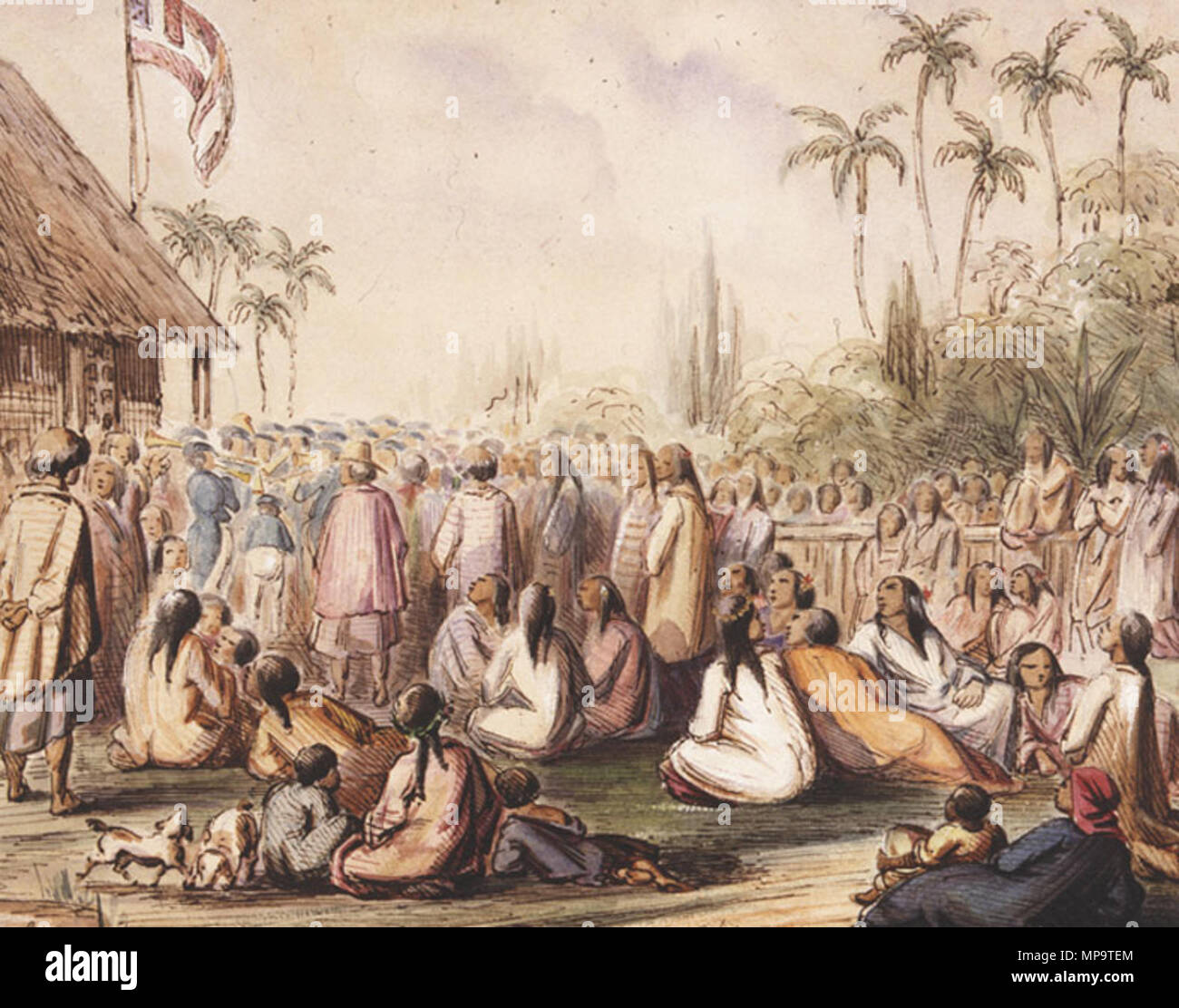 Die von der französischen Protektorat Pavillon in Tahiti im Jahr 1842. Français: Verkündigung du protectorat. Le 10 Juin 1842 Le Pavillon du protectorat est salué de 21 coups de Canon. Dessin de M. Radiguet. . Ca. 1842-1848. 837 M. Radiguet, Verkündigung du protectorat, Tahiti Stockfoto