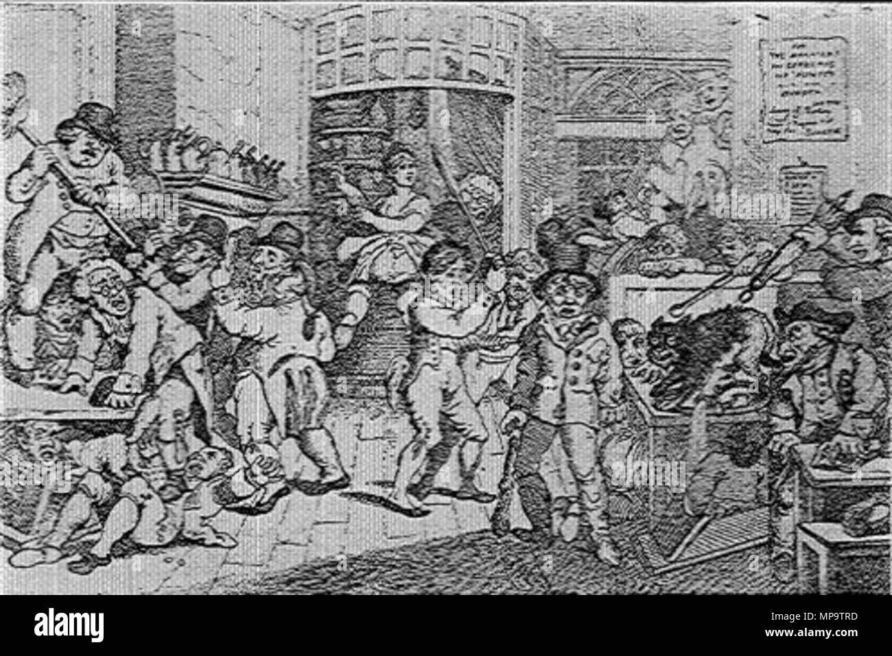 . Englisch: 'ein Mad Dog in einem coffee-house' von Rowlandson, mit einem tollwütigen Hund terrorisiert ein Kaffeehaus im 18. Jahrhundert in England (evtl. Garnison oder Jonathan's, in der Nähe der Börse). Datum unbekannt. Thomas Rowlandson (1756-1827) 839 Mad Dog in einem Kaffeehaus Stockfoto