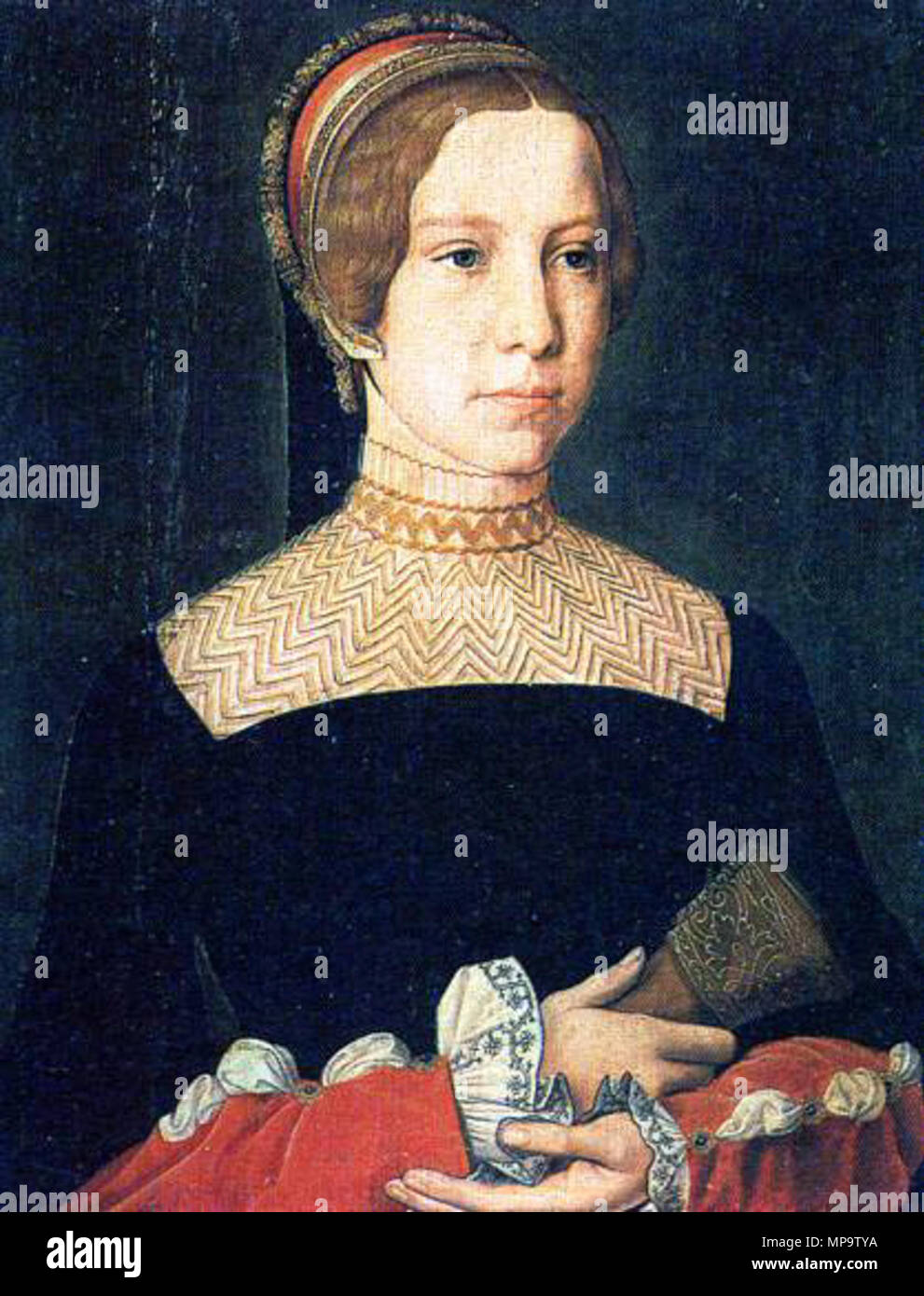 Englisch: Porträt einer unbekannten Dame von Jean Perréal, mal als postume  Portrait von Madeleine de la Tour d'Auverge (1498-1519), Gräfin von  Boulogne, Dame von St. Saturnin, durch Heirat Herzogin von Urbino