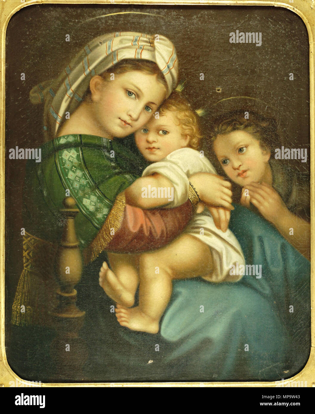 . Madonna della Sedia, / Raffael. Öl auf Leinwand Stellen. 68 x 54,8 cm. 19. Unbekannt Nach Raphael (1483-1520) Alternative Namen Raffaello Santi, Raffaello Sanzio de Urbino, Rafael de Urbino, Raffael Beschreibung Maler und Architekt Geburtsdatum / Tod 6 April 1483 6. April 1520 Ort der Geburt / Todes Urbino Rom Standort Florenz, Rom, Perugia Authority control: Q 5597 VIAF: 64055977 ISNI: 0000 0001 2136 483 X ULAN: 500023578 79041756 LCCN: n NLA: 35442294 WorldCat 840 Madonna della Sedia Kopie 19c Stockfoto